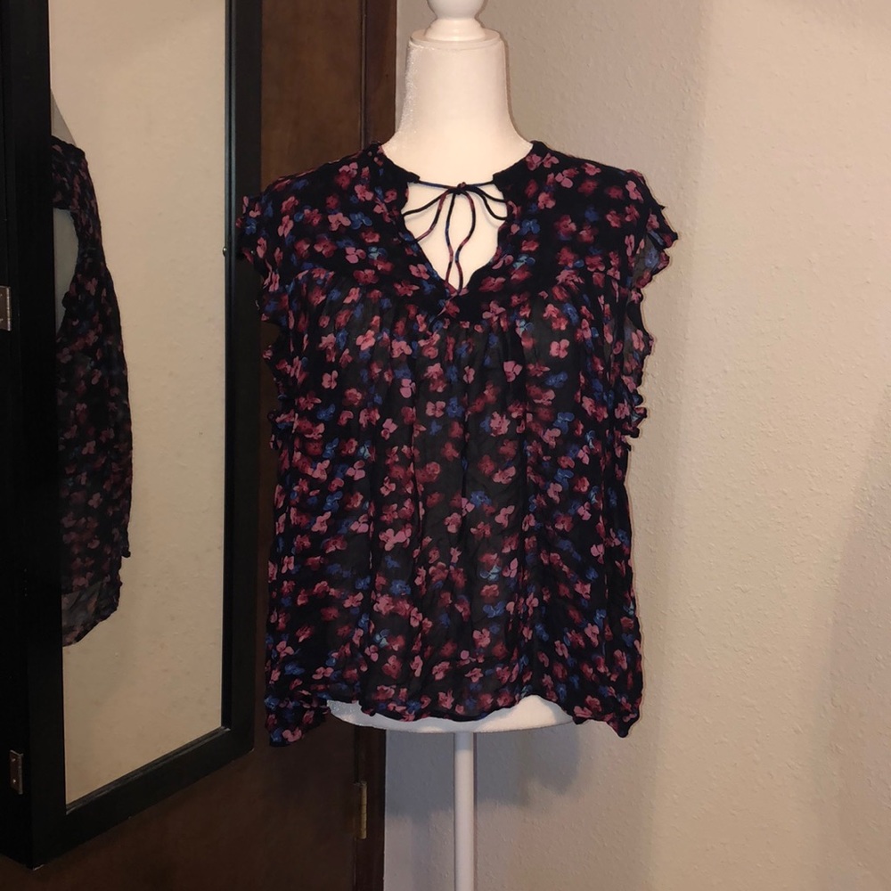 Lucky Brand sheer dark navy floral sleeveless top